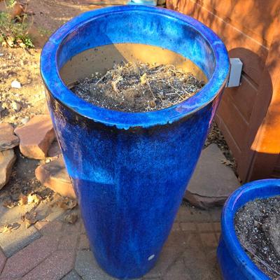Lot #92 - Tall Tapered Blue Glazed Planter High Low Patio Garden Yard