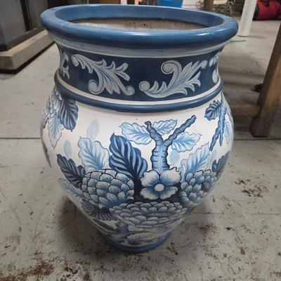 Lot #120 - Blue and White Painted Planter With Handpainted Florals Capped in a Sky Blue Trim of Ornate Scrollwork