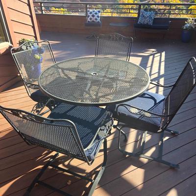 Lot #4 - Wrought Iron Patio Dining Set Table & 4 Coil Spring Chairs