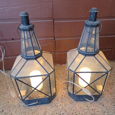 Lot #67 - Vintage Metal & Glass Electric Hanging Lanterns