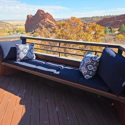 Lot #15 - Lot of Five Bench Cushions, Two Large Pillows & 2 Pottery Barn Sunbrella Outdoor Throw Pillows