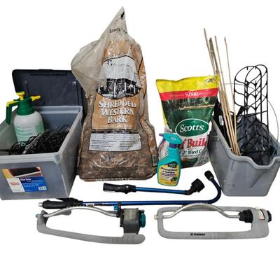 Lot #139 - Gardening Supplies - Oscillating Sprinklers, Garden Stakes, Turf Builder, Shredded Bark, and More!