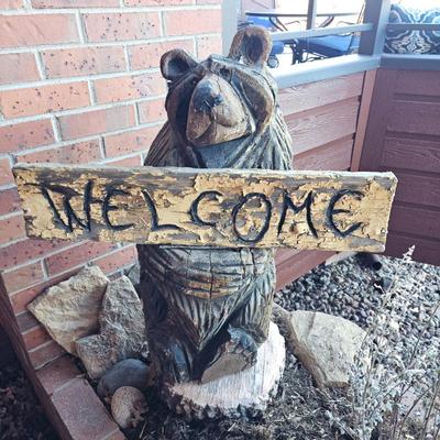 Lot #86 - Chainsaw Carved Wood Bear Sculpture Weathered "Welcome"