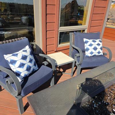 Lot #12 - Metal and Wicker Outdoor Patio Chairs With Sunbrella Cushions Plus Metal & Resin Table