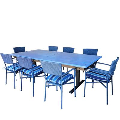 Lot #52 - Outdoor Dining Table With Painted Wood Top and Metal Frame, Plus 8 Resin Wicker Chairs With Chair Pads