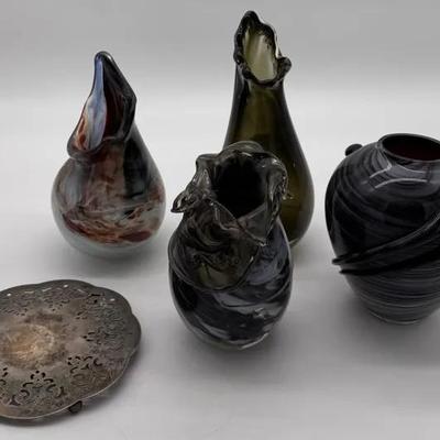 Decorative Glass Vases (4) and Metal Plate