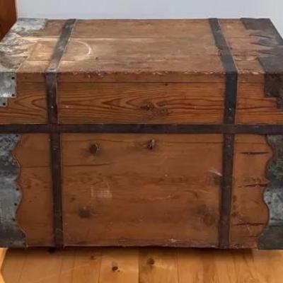 Antique Wooden Trunk with Metal Accents