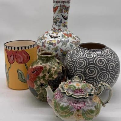 Decorative Ceramic Vases and Teapot, Qty 5