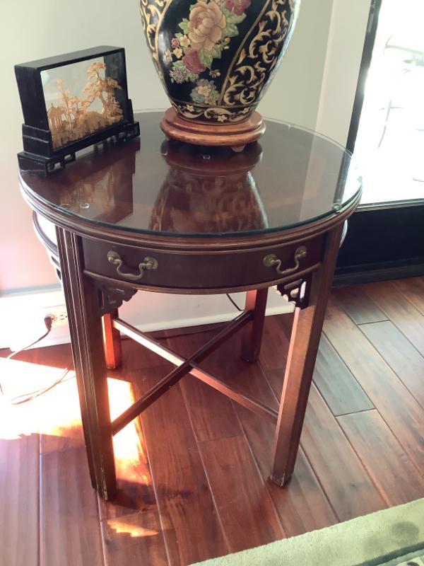 Sale Photo Thumbnail #114: $125 Lane round table with glass top and 1 drawer 