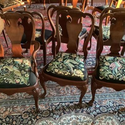 SOLD $495 solid wood chairs with needlepoint, 2 capts & 4 side chairs (2 sets in this sale) 