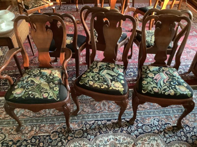 Sale Photo Thumbnail #294: $495 solid wood chairs with needlepoint, 2 capts & 4 side chairs (2 sets in this sale) 