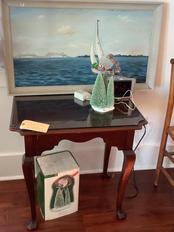 Sale Photo Thumbnail #152: $90 side table with glass top 26"H 26"W 19"depth 