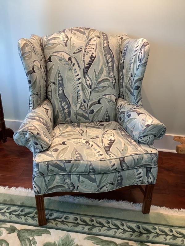 Sale Photo Thumbnail #223: $195 wing back chair, nicely reupholstered 42"H 36"W 34"depth 
