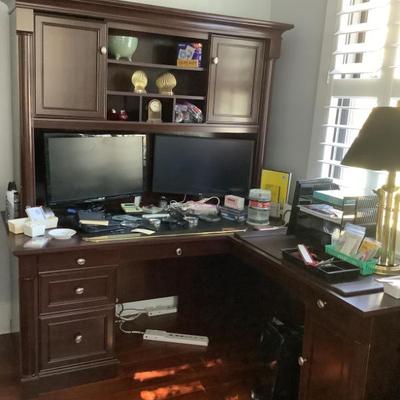 $75 desk with cabinets-main desk 75"H 65"W 30"depth, right side 30"H 39"W 24"depth-has cuts in the top for...