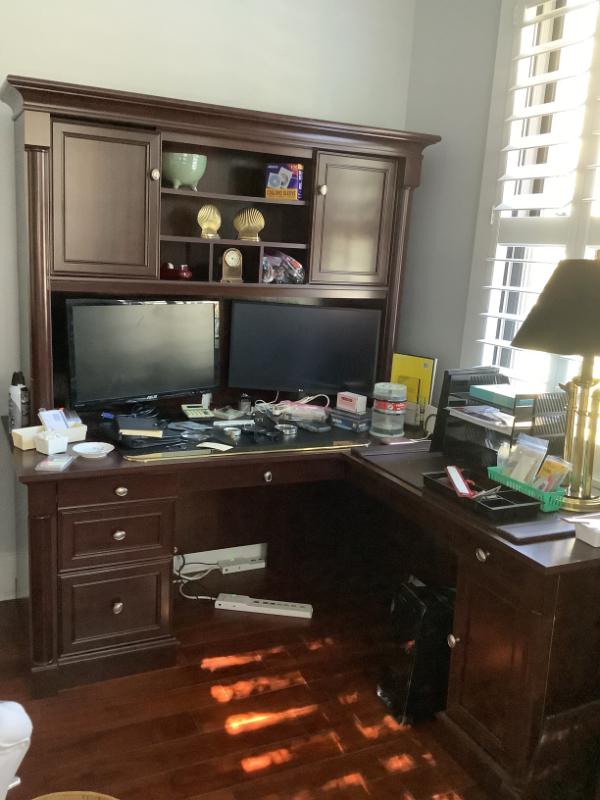 Sale Photo Thumbnail #181: $75 desk with cabinets-main desk 75"H 65"W 30"depth, right side 30"H 39"W 24"depth-has cuts in the top for cords that could be drilled with better rounder holes 