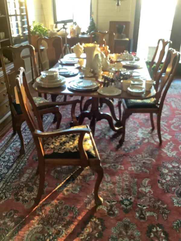 Sale Photo Thumbnail #296: $495 solid wood chairs with needlepoint 2 capts and 4 sides (2 sets in this sale) 39”H 24”W 24”depth