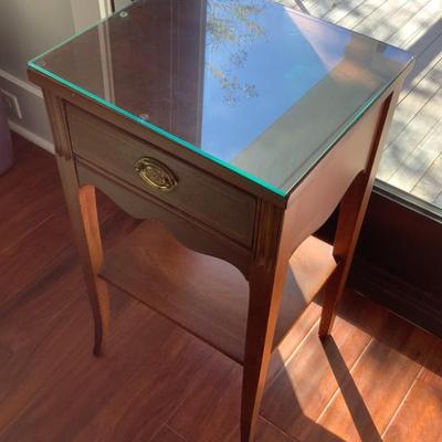 $99 dovetail side table, glass top, 1 drawer 28"H 16"W 14"depth 
