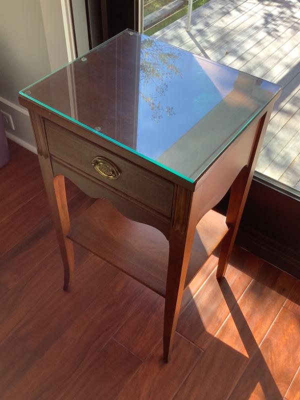 Sale Photo Thumbnail #58: $99 dovetail side table, glass top, 1 drawer 28"H 16"W 14"depth 