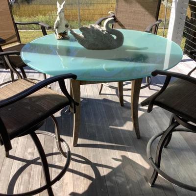 $249 teak patio table with thick frosted glass 30"H 50" diameter 