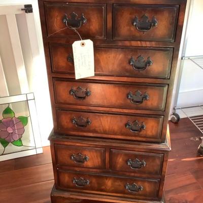 SOLD $159 Pettie Chest of Drawers, dovetail, glass top, 8 drawers, 37"H 17"W 12"depth
