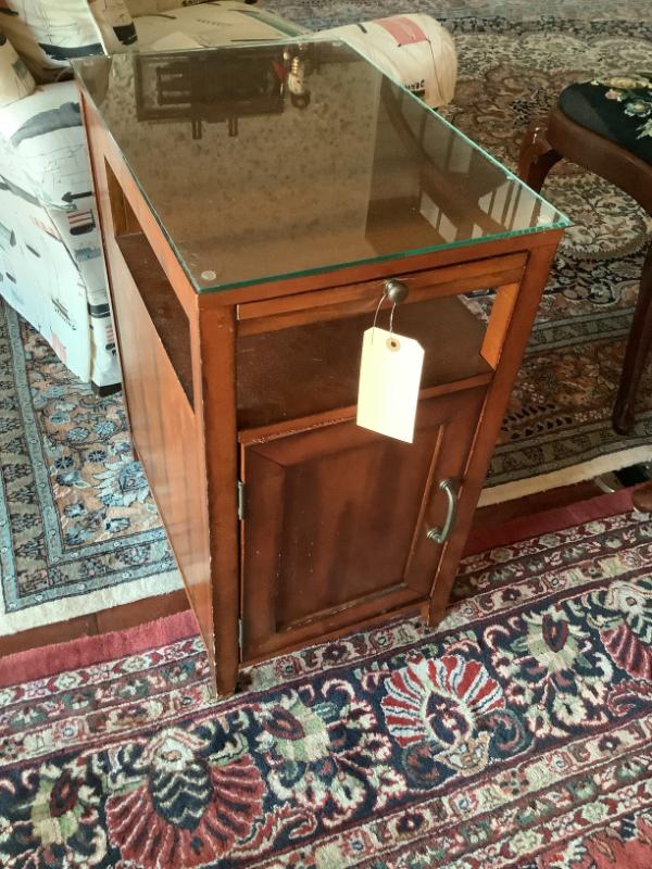 Sale Photo Thumbnail #305: $35 side table with glass top 1 door cabinet, rack 