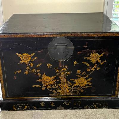 Asian Ornate Floral Motif Painted Wood Trunk