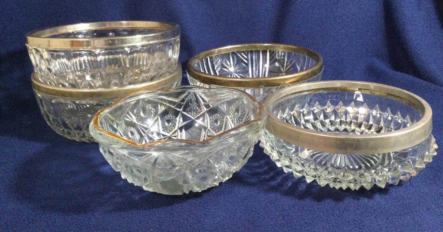 Assorted Hand Cut Crystal & Glass Bowls with Silver Gilded Rims
