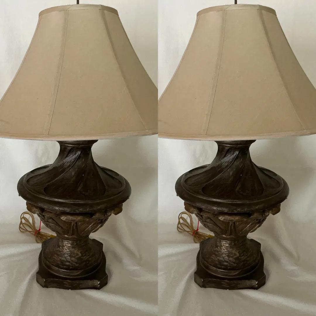 Ceramic Leaf Pattern Table Lamps, Pair