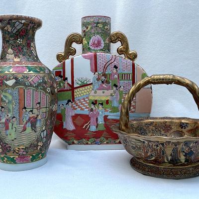 Chinese Familie Rose Vase/moon Flask And Satsuma Hand Painted Basket, 3pcs