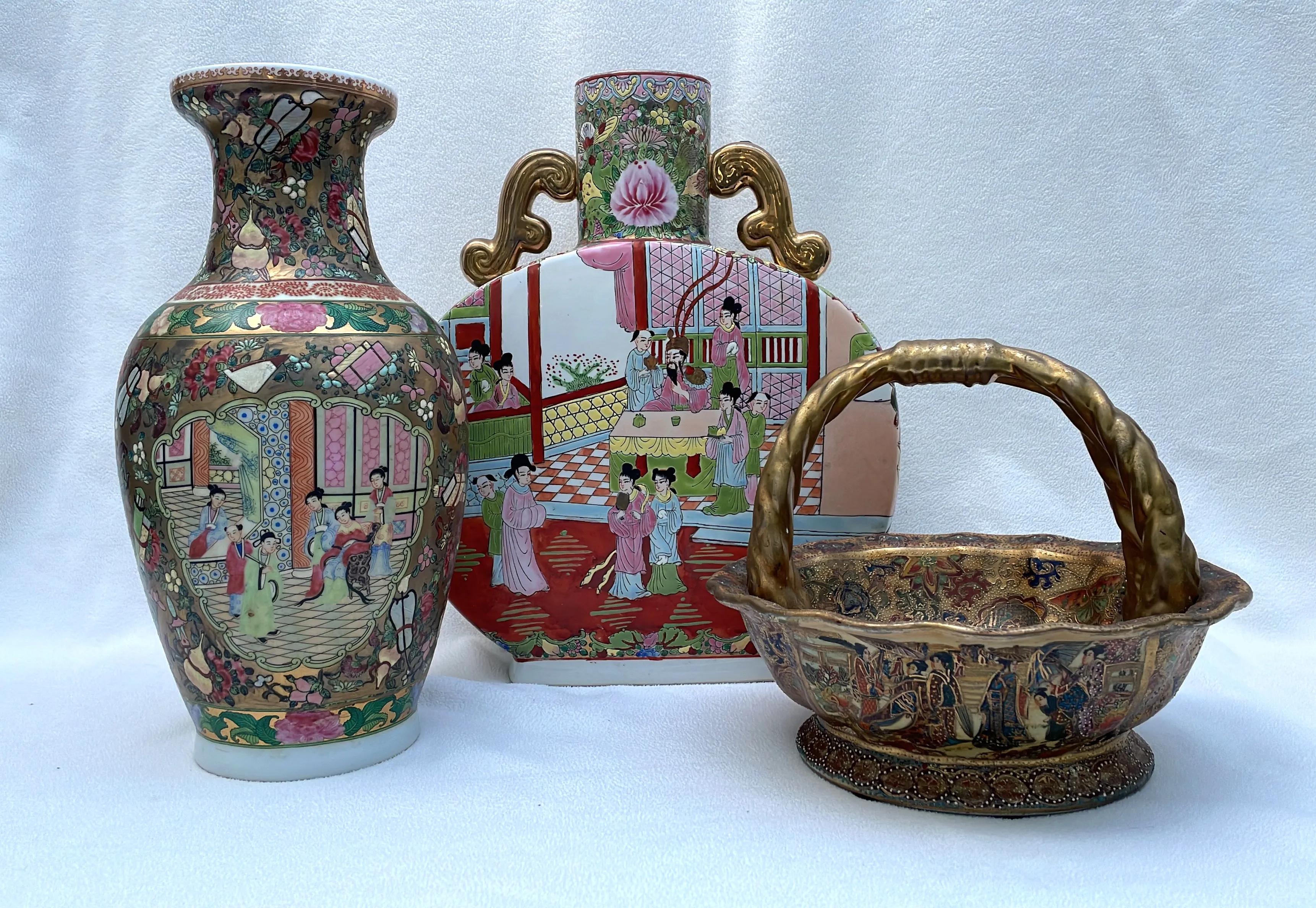 Chinese Familie Rose Vase/moon Flask And Satsuma Hand Painted Basket, 3pcs