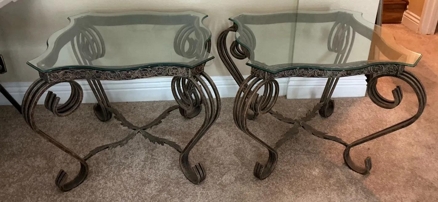 Ornate Metal And Glass End Tables, Pair