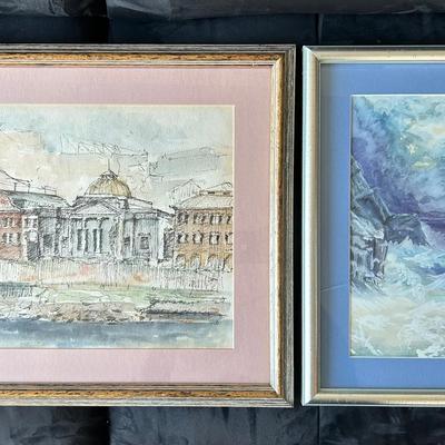 Original Watercolor Cityscape & Seascape Paintings, Framed- 16X19” & 16X12”