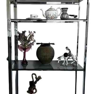 Mid-Century Modern Chrome & Smoked Glass Etagere Shelf Unit (1 of 2) - 35”x16x74”