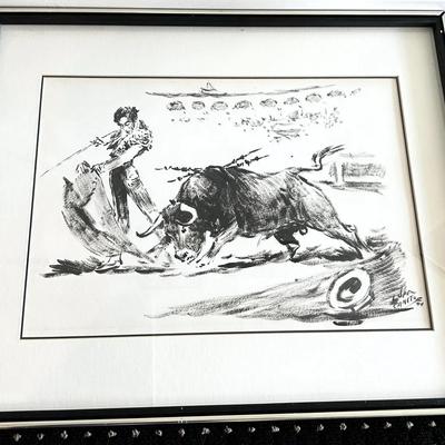 Original Signed Jose Lopez Canito Bullfighting Ink Drawing, Framed 21x25"
