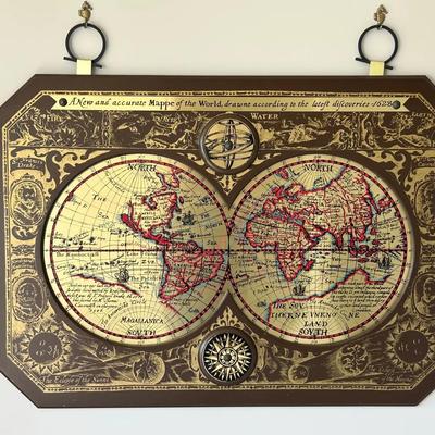 Vintage Mid Century Masketeers Brass & Wood Map of the World in 1628 43” X 30” - 30X43”