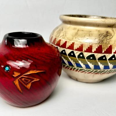 Native American Pottery: C. Marcus Chino (Acoma) & Cynthia Woods (Navajo) Signed Vases - 4”-5” H