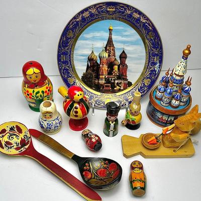 Vintage Russian Folk Art - Nesting Dolls, Whistles, Music Box, Spoons, Plate & More