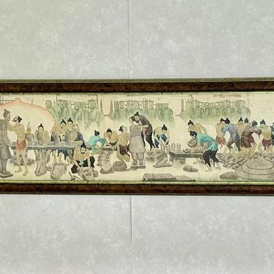 Chinese Handscroll Hand Colored Print: Terracotta Warrior Workshop Depiction, Framed- 15X72"