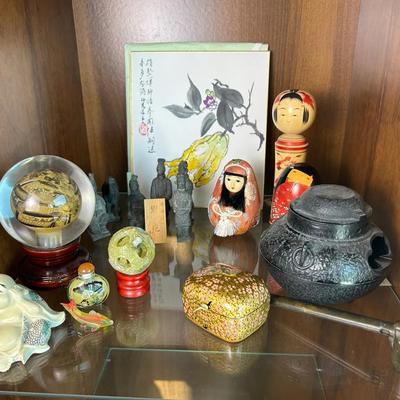 Asian Decor: Jade Puzzle Ball, Yatate, Kokeshi Dolls, Buddha Figurine, Reverse Painted Sphere, More