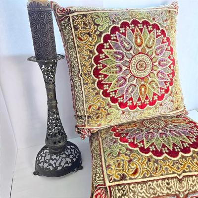 Boho Velvet Pillows & Ornate Metal Floor Candle Holder