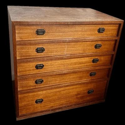 Vintage Mid-Century Modern Teak Small Chest of Drawers with Brass Drop Handles- 26x17x25”