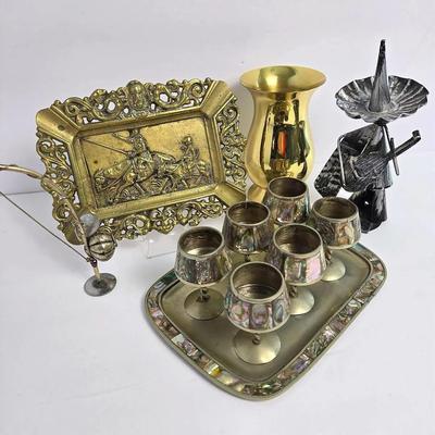 Mexican Abalone Cordial Shot Glasses & Tray, Brass Ashtray & Vase, Mariachi Figure 
