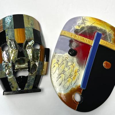Vintage Stone Mayan Mosaic  7" Mask & Dominique Blanchard 10" Post Modern Ceramic Mask