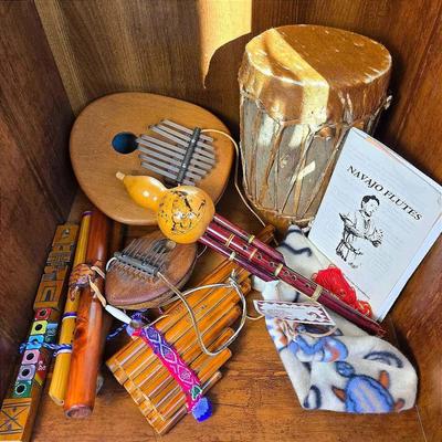 Native American & World Instruments: Navajo Flutes, Kalimbas, Rawhide Drum, Panpipes 