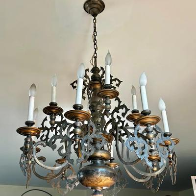 Vintage Ornate Gothic Revival Brass & Pewter 12-Light Chandelier - 27x30”