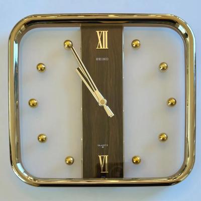Vintage Seiko Quartz Acrylic & Gold Tone Square Wall Clock, 10x10"
