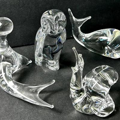 Crystal Baccarat 4" Owl Figurine & Murano-Style Seal, Whale & Snail Figurines - 3.5”-4” H