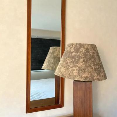 Mid-Century Modern Teak Mirror & Wood Table Lamp with Textured Print Shade