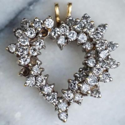 14K White Gold Diamond Cluster Heart Pendant - 1" Long