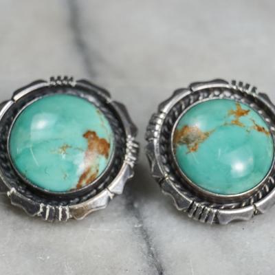 Sterling Silver Southwestern Turquoise Earrings - Running Bear Hallmarked - 3/4" Dia